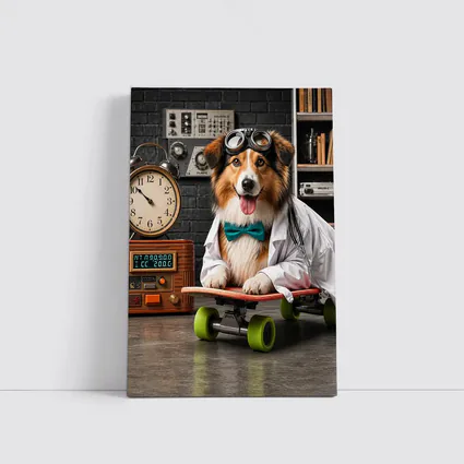 Scientist Collie Dog Riding Skateboard Lab