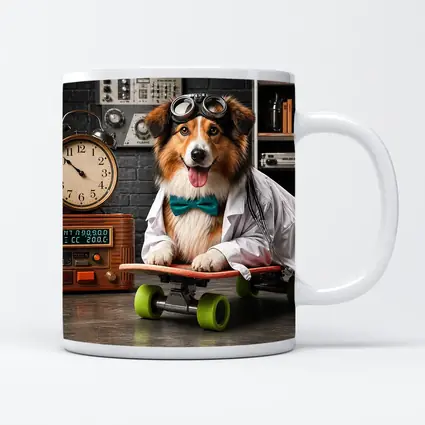 Scientist Collie Dog Riding Skateboard Lab