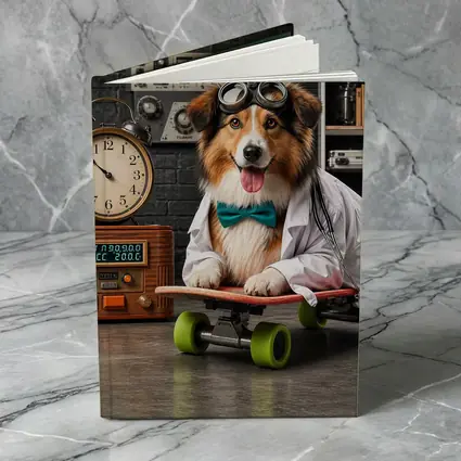 Scientist Collie Dog Riding Skateboard Lab