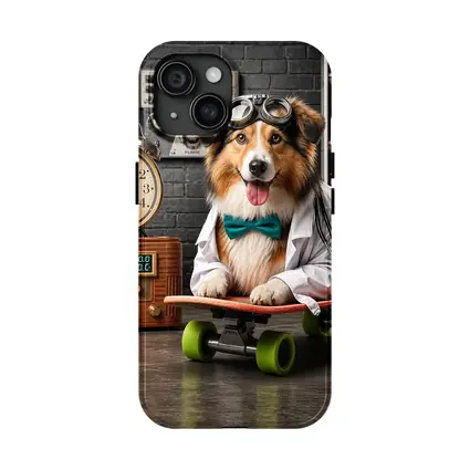 Scientist Collie Dog Riding Skateboard Lab