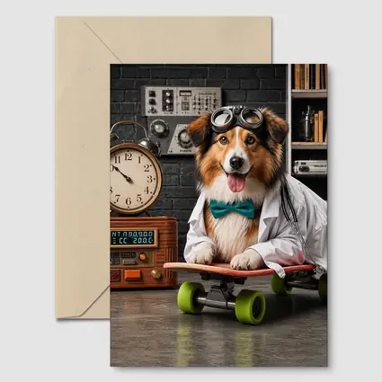 Scientist Collie Dog Riding Skateboard Lab