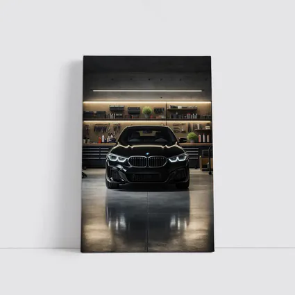 Black BMW Sedan Parked in Dark Garage