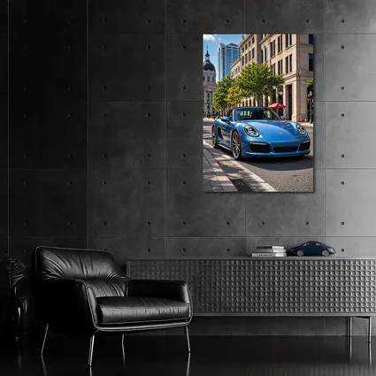 Blue Porsche Boxster Parked Downtown City Street