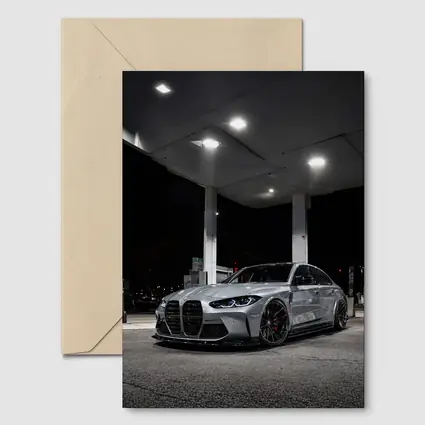BMW M3 Gray Sedan Night Gas Station