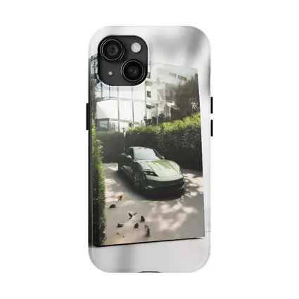 Green Porsche Taycan Parked By Glass Building