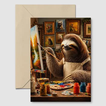 Sloth Artist Painting in Cozy Studio