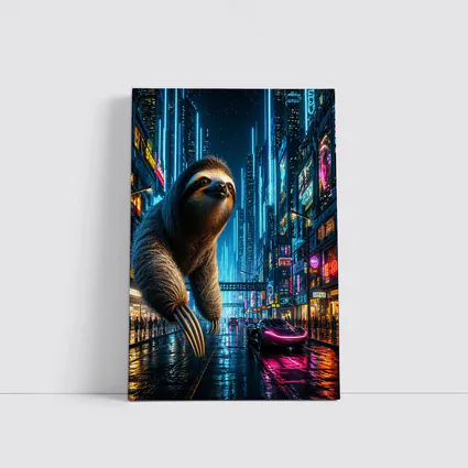 Giant Sloth Over Neon Cyberpunk City