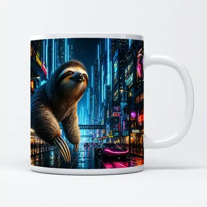 Giant Sloth Over Neon Cyberpunk City