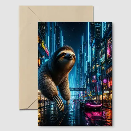 Giant Sloth Over Neon Cyberpunk City
