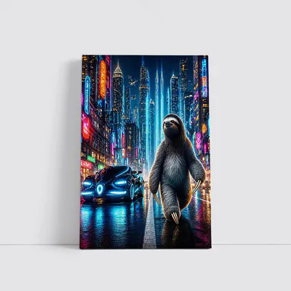Sloth Walking Neon Cyberpunk City Night
