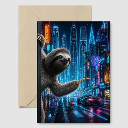 Sloth Hanging in Neon Cyberpunk City