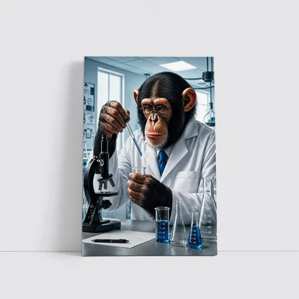 Chimpanzee Scientist In Laboratory With Microscope