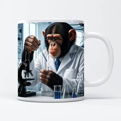 Chimpanzee Scientist In Laboratory With Microscope