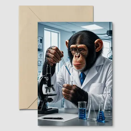 Chimpanzee Scientist In Laboratory With Microscope