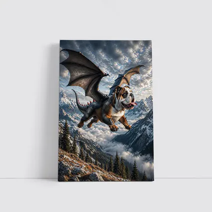 Dragon Bulldog Flying Over Mountain Peaks