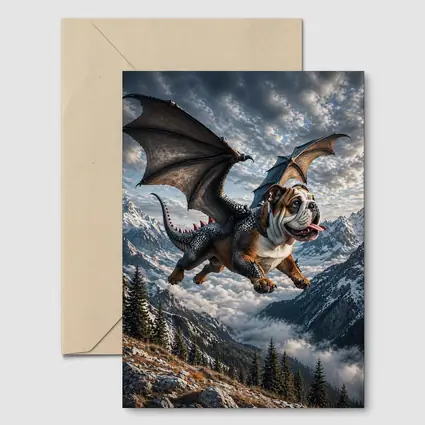 Dragon Bulldog Flying Over Mountain Peaks