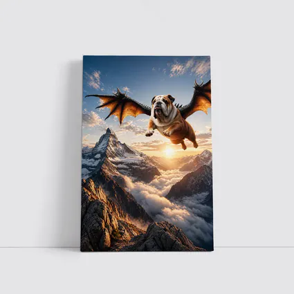 Dragon Winged Bulldog Flying Over Mountains
