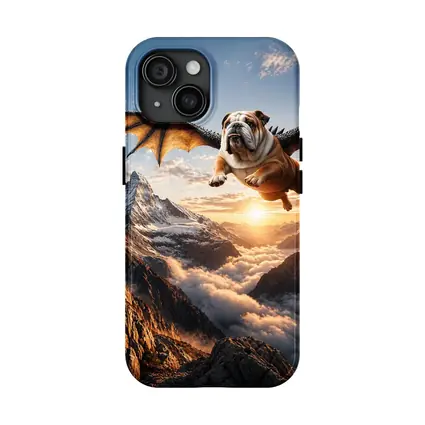 Dragon Winged Bulldog Flying Over Mountains