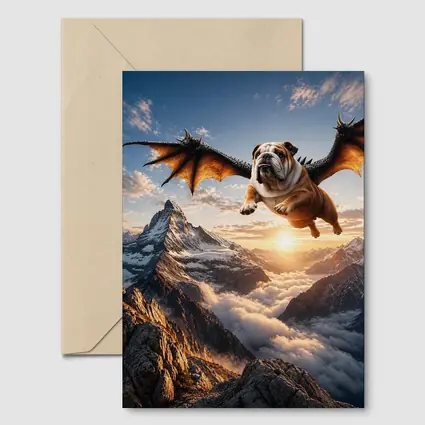Dragon Winged Bulldog Flying Over Mountains