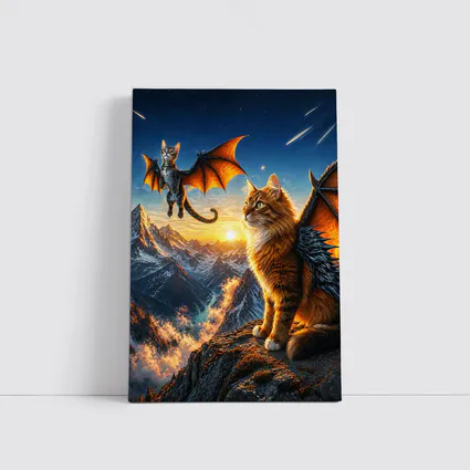Dragon Cats Flying Over Mountain Sunset