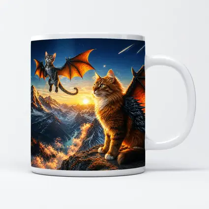 Dragon Cats Flying Over Mountain Sunset