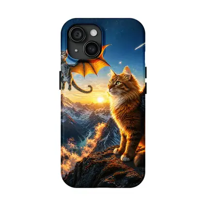 Dragon Cats Flying Over Mountain Sunset