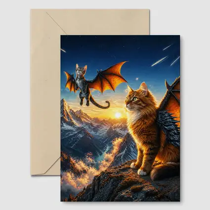 Dragon Cats Flying Over Mountain Sunset