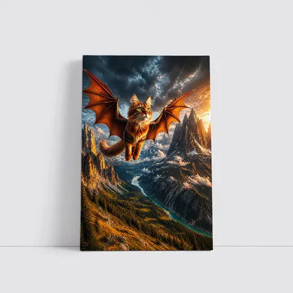 Dragon Winged Cat Flying Over Mountain Peaks