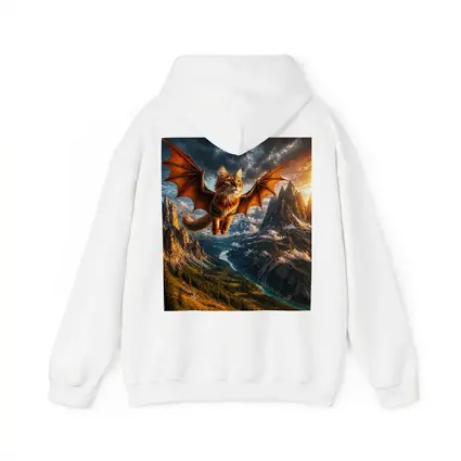 Dragon Winged Cat Flying Over Mountain Peaks