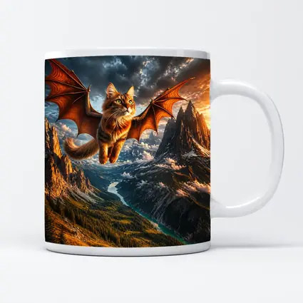 Dragon Winged Cat Flying Over Mountain Peaks