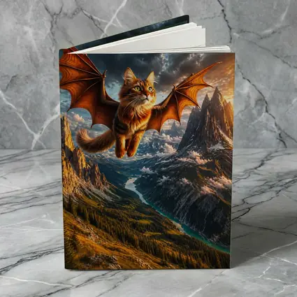 Dragon Winged Cat Flying Over Mountain Peaks