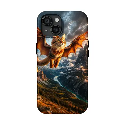 Dragon Winged Cat Flying Over Mountain Peaks