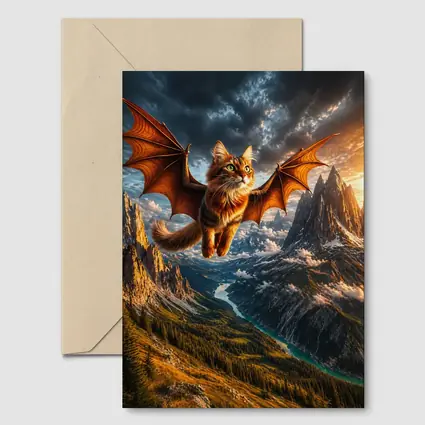 Dragon Winged Cat Flying Over Mountain Peaks