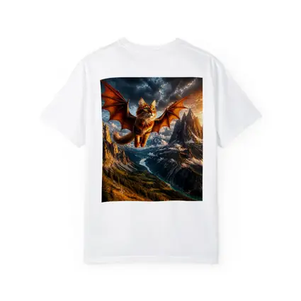 Dragon Winged Cat Flying Over Mountain Peaks