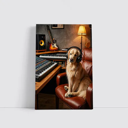 Golden Retriever Producer in Music Studio