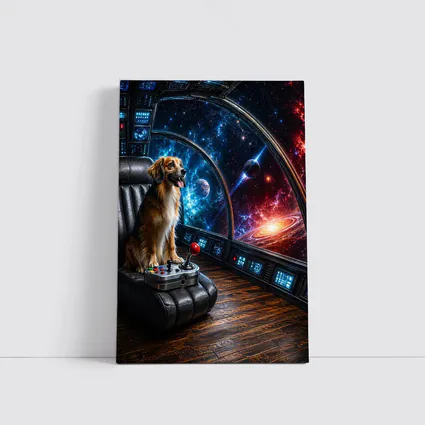 Golden Dog Piloting Spaceship Through Galaxy