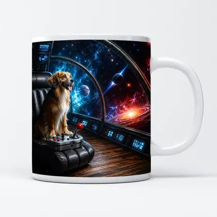 Golden Dog Piloting Spaceship Through Galaxy
