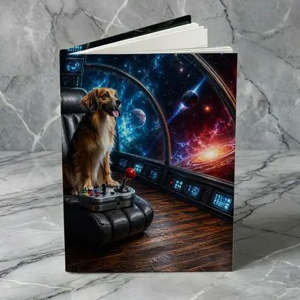 Golden Dog Piloting Spaceship Through Galaxy