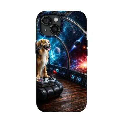 Golden Dog Piloting Spaceship Through Galaxy