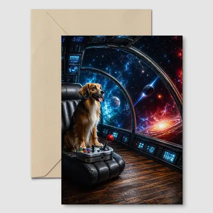 Golden Dog Piloting Spaceship Through Galaxy