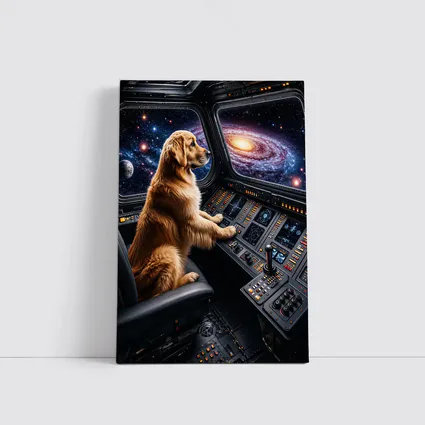 Golden Retriever Pilot Flying Through Galaxy