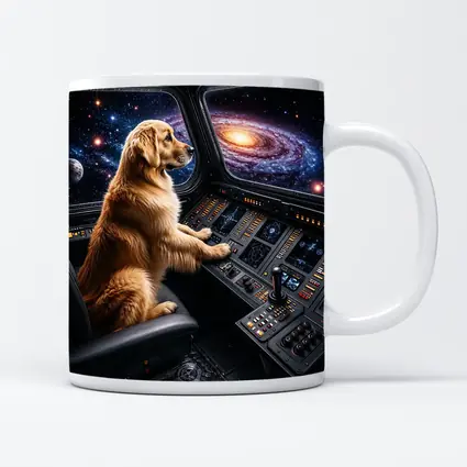 Golden Retriever Pilot Flying Through Galaxy