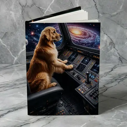 Golden Retriever Pilot Flying Through Galaxy