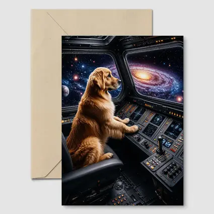 Golden Retriever Pilot Flying Through Galaxy
