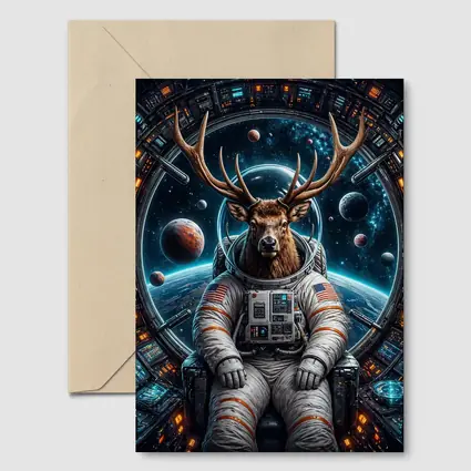 Deer Astronaut Sitting in Space Station