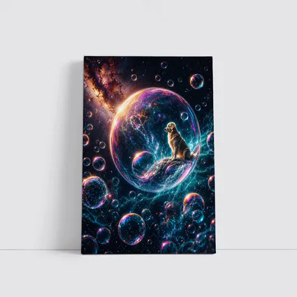 Golden Retriever Sitting in Cosmic Soap Bubble