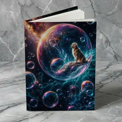 Golden Retriever Sitting in Cosmic Soap Bubble
