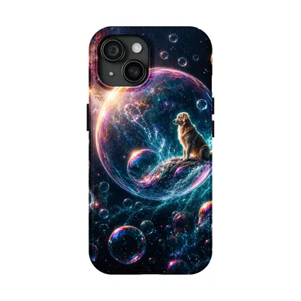 Golden Retriever Sitting in Cosmic Soap Bubble