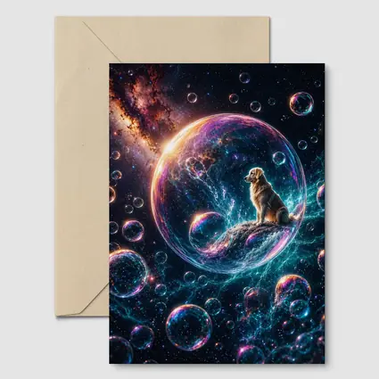 Golden Retriever Sitting in Cosmic Soap Bubble