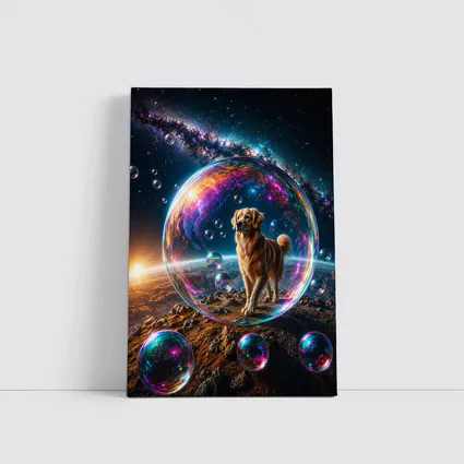 Golden Retriever In Cosmic Soap Bubble Space